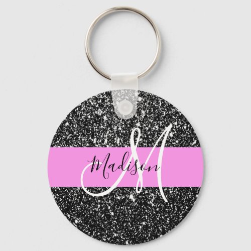 Glam Chic Pink Black Glitter Sparkle Name Monogram Keychain