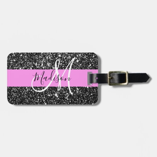 Glam Chic Pink Black Glitter Sparkle Name Monogram Luggage Tag