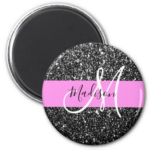 Glam Chic Pink Black Glitter Sparkle Name Monogram Magnet