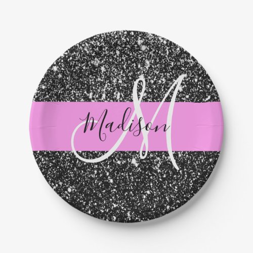 Glam Chic Pink Black Glitter Sparkle Name Monogram Paper Plates