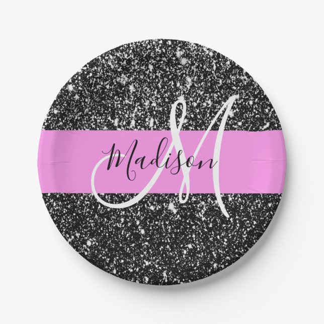 Glam Chic Pink Black Glitter Sparkle Name Monogram Paper Plates (Front)