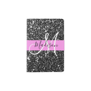 Glam Chic Pink Black Glitter Sparkle Name Monogram Passport Holder