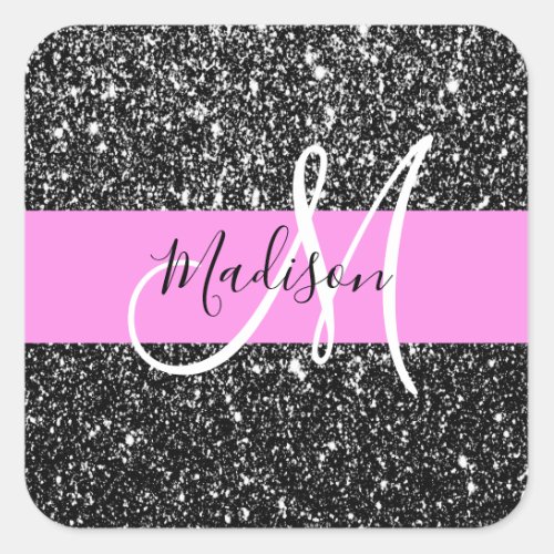 Glam Chic Pink Black Glitter Sparkle Name Monogram Square Sticker