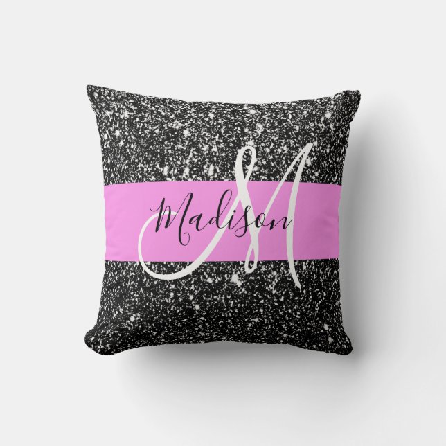 Glam Chic Pink Black Glitter Sparkle Name Monogram Throw Pillow (Front)