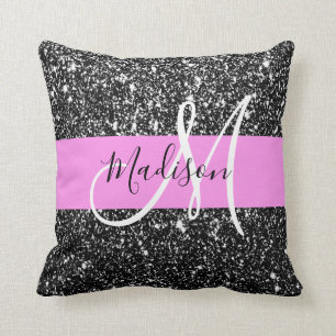 Glam Chic Pink Black Glitter Sparkle Name Monogram Throw Pillow
