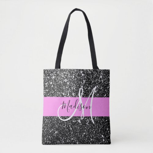 Glam Chic Pink Black Glitter Sparkle Name Monogram Tote Bag