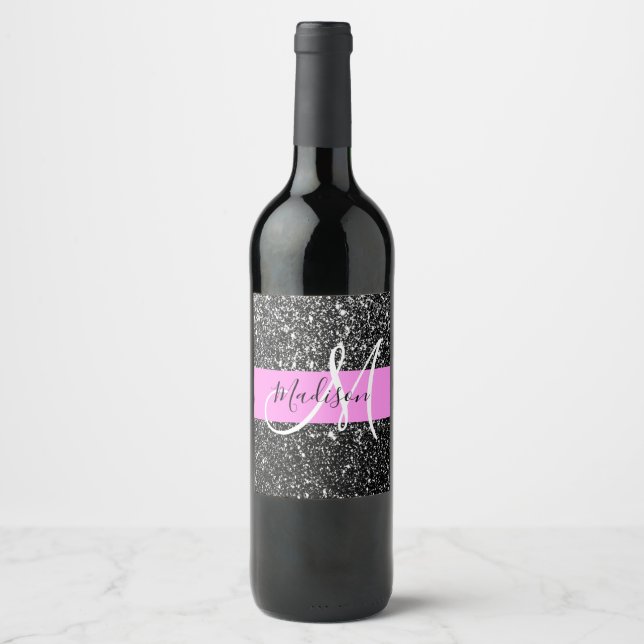 Glam Chic Pink Black Glitter Sparkle Name Monogram Wine Label (Front)