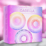 Glam chic pink purple rainbow glitter doughnuts 3 ring binder<br><div class="desc">Three sparkly, chic, faux blue pink yellow orange purple rainbow doughnuts with faux glitter and foil and elegant typography overlay a faux metallic purple ombre background on this trendy, simple, modern custom name binder. An additional glitter studded rainbow ombre doughnut adorns the back. Personalize with your name on the front...</div>
