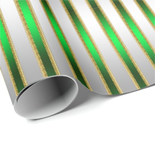 Glam Chic Shiny Silver and Green Stripes Wrapping Paper