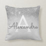 Glam Chic Silver Girl Sparkle Glitter Monogrammed Throw Pillow
