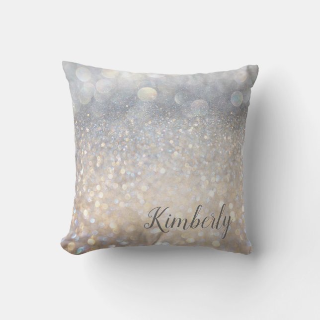 Glam Chic Silver Girl Sparkle Glitter Monogrammed  Throw Pillow (Front)