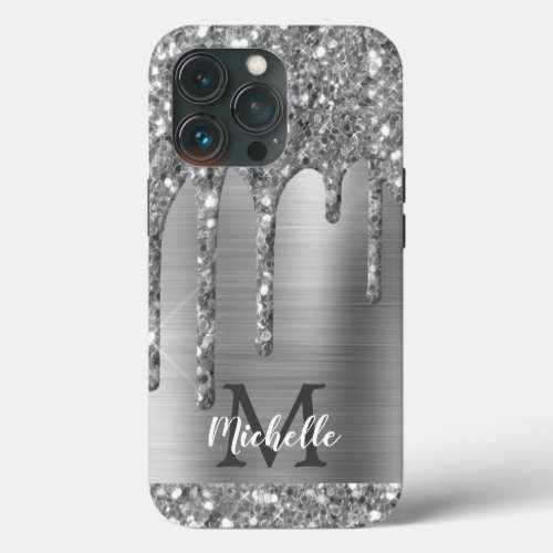 Glam Chic Silver Glitter Drips Monogram Metal iPhone 13 Pro Case