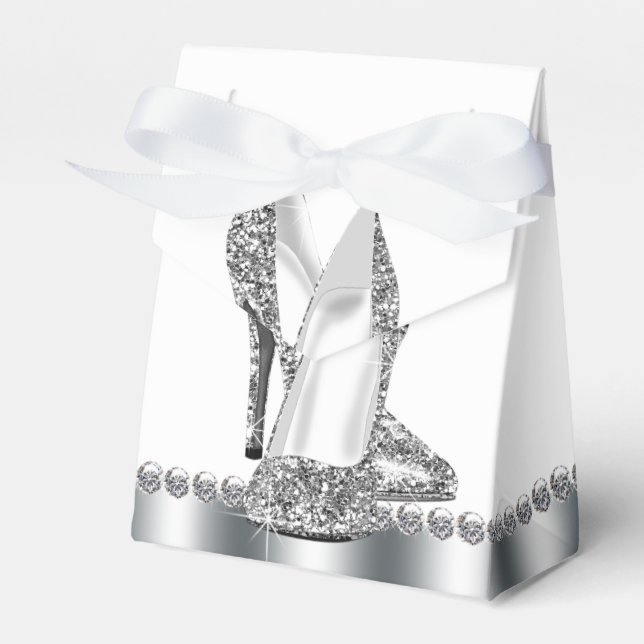 Glam Chic Silver Glitter High Heel Shoe Favor Boxes (Front Side)