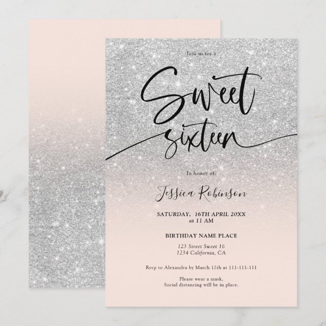 Glam chic silver glitter ombre girly pink Sweet 16 Invitation (Front/Back)