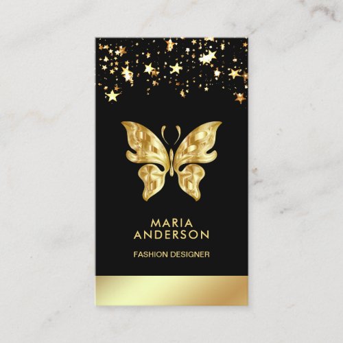 Glam Chic Stars Confetti Black Gold Foil Butterfly Business Card