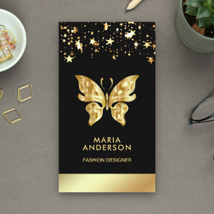 Glam Chic Stars Confetti Black Gold Foil Butterfly Business Card