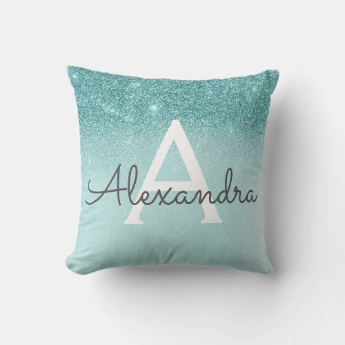 Glam Chic Teal Girl Sparkle Glitter Monogrammed Throw Pillow