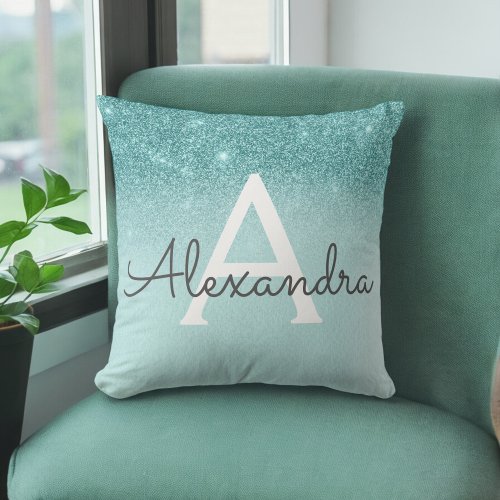 Glam Chic Teal Girl Sparkle Glitter Monogrammed Throw Pillow