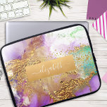 Glam chic watercolor marble gold purple aqua green laptop sleeve<br><div class="desc">A sparkly, faux gold foil band with your script typography name overlays a rich, gold veined, purple, aqua blue green, and white watercolor background on this elegant, trendy, girly, custom name neoprene laptop sleeve. Makes a fun and stylish statement every time you use it. This laptop sleeve comes in three...</div>