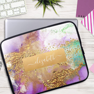 Glam chic watercolor marble gold purple aqua green laptop sleeve
