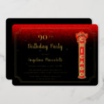 Glam Chicago Sign 90th Birthday Foil Invitation<br><div class="desc">Elegant and glamorous Chicago sign and text 90th birthday invitation design on a faux glitter red and black background with faux sparkles.  Composite design by Holiday Hearts Designs.</div>