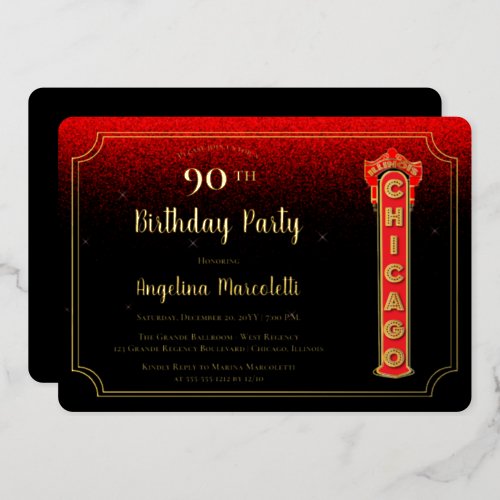 Glam Chicago Sign 90th Birthday Foil Invitation