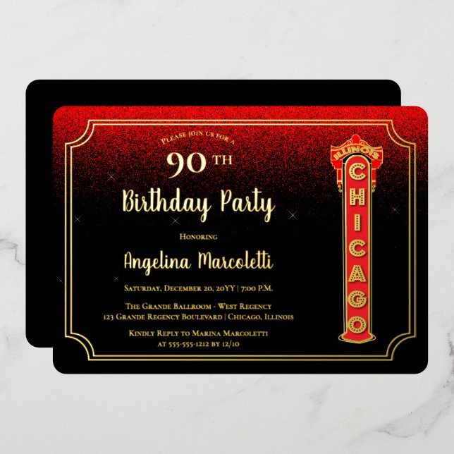 Glam Chicago Sign 90th Birthday Foil Invitation (Front/Back)