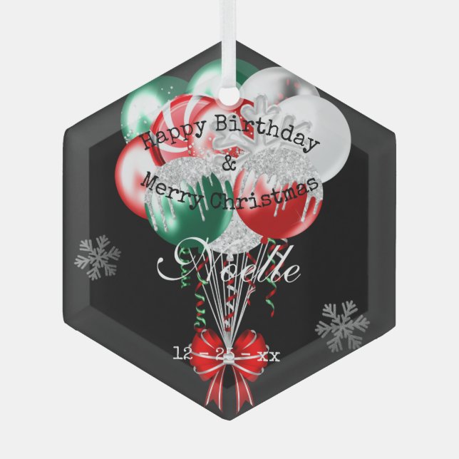 Glam Christmas Birthday Balloons and Snowflakes Glass Ornament (Front)