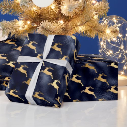 Glam Christmas Deer Pattern Navy Blue Gold Foil Wrapping Paper