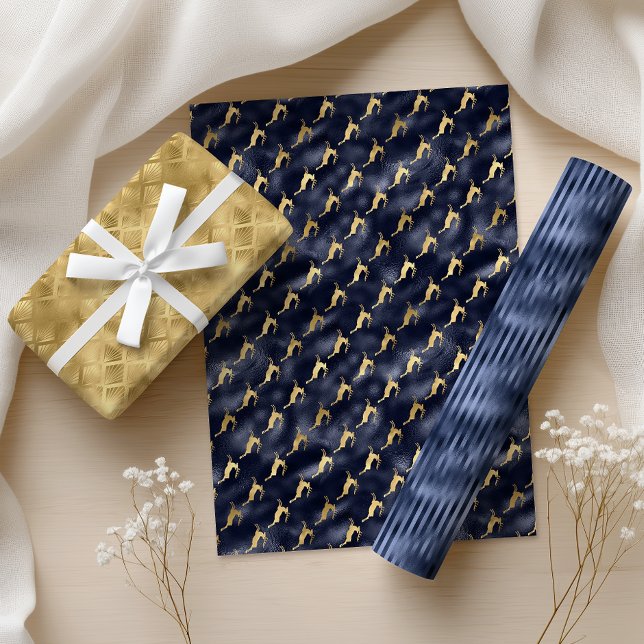 Glam Christmas Navy Blue Gold Deer Fans Stripes Wrapping Paper Sheets (Creator Uploaded)