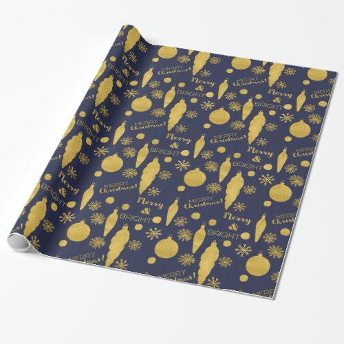 Glam Christmas navy gold ornament script pattern Wrapping Paper