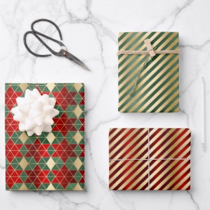 Glam Christmas Red Green Gold Geometric Stripes Wrapping Paper Sheets