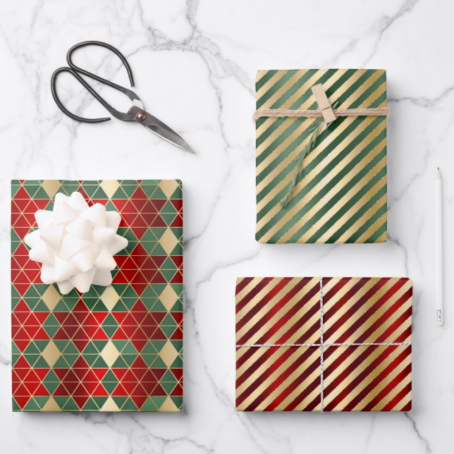 Glam Christmas Red Green Gold Geometric Stripes Wrapping Paper Sheets (Front)