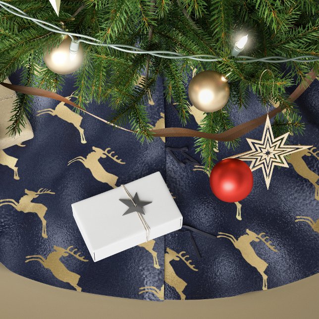 Glam Christmas Reindeer Navy Blue Gold Faux Foil Brushed Polyester Tree Skirt (Creator Uploaded)