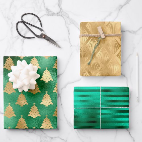 Glam Christmas Tree Pattern Green Gold Foil Wrapping Paper Sheets