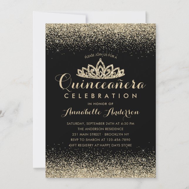 Glam Classic Black Quinceañera Gold Tiara Glitter Invitation (Front)