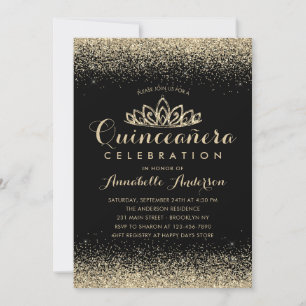 Glam Classic Black Quinceañera Gold Tiara Glitter Invitation