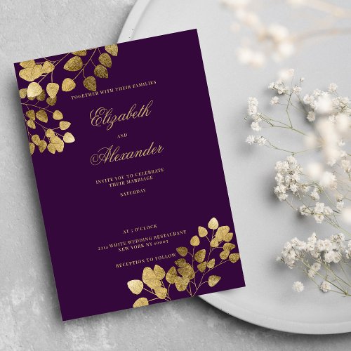 Glam classic dark purple gold eucalyptus wedding invitation