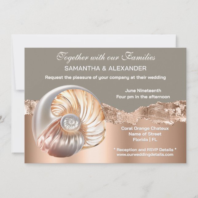 Glam Coastal Shell Beach Wedding Invitation (Front)