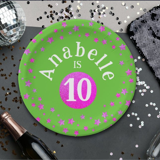 Glam Cool Pink Green Glitter Stars Kid Birthday  Paper Plates (Creator Uploaded)