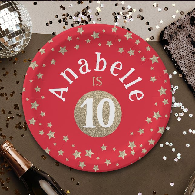 Glam Cool Red And Gold Glitter Stars Kid Birthday  Paper Plates (Creator Uploaded)
