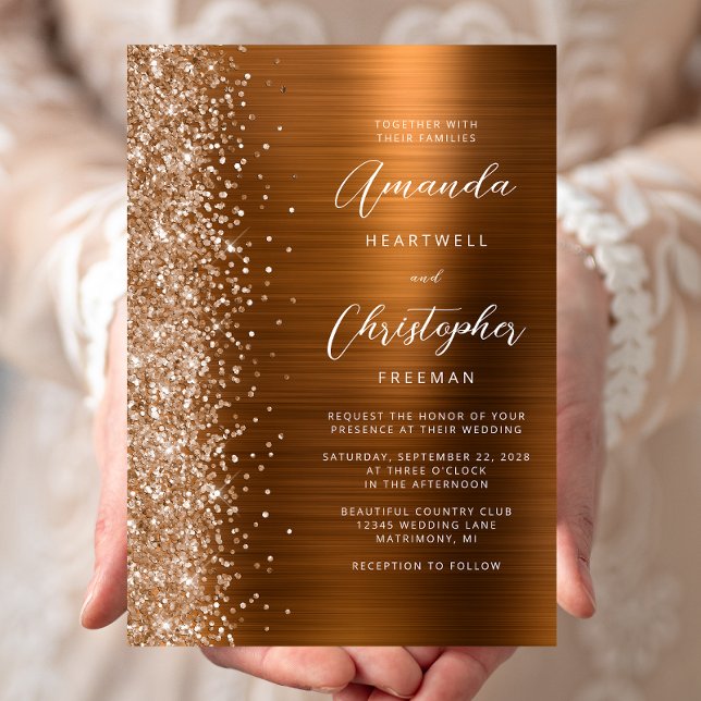 Glam Copper Brushed Metal Glitter Wedding Invitation (Creator Uploaded)