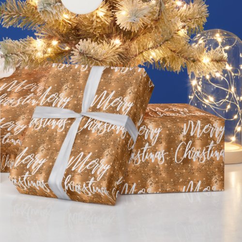 Glam Copper Floral Glitter Merry Christmas Script Wrapping Paper