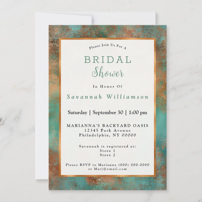 Glam Copper Teal Stylish Bridal Shower Invitation (Front)