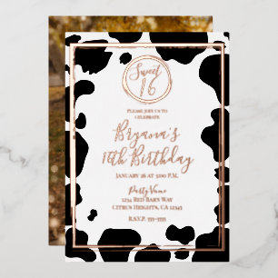 Glam Cow Print Border Wedding Photo Rose Gold Foil Invitation