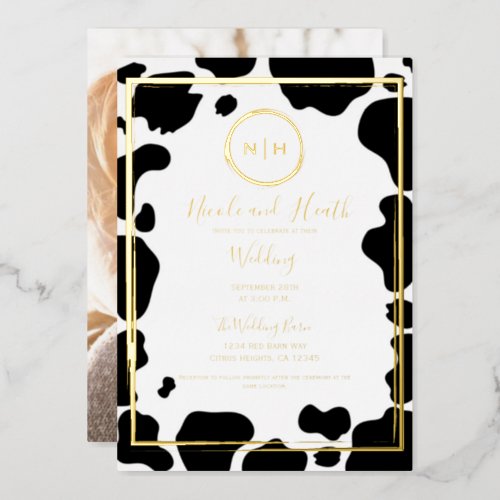 Glam Cow Print Modern Border Wedding Photo Gold Foil Invitation