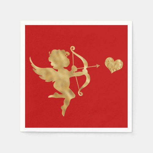 Glam Cupid Gold Red Heart Valentine Napkins