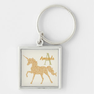 Glam Custom Monogram and Name Gold Glitter Unicorn Keychain
