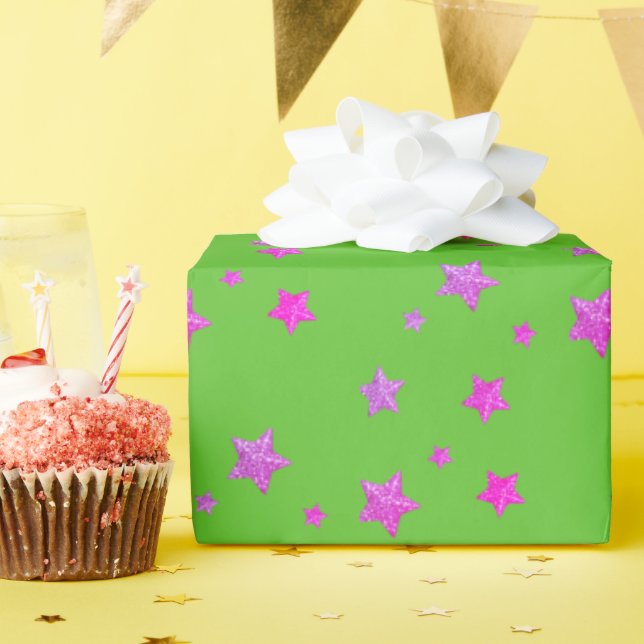 Glam Cute Girly Green Pink Glittery Stars Pattern Wrapping Paper (Birthday Party)