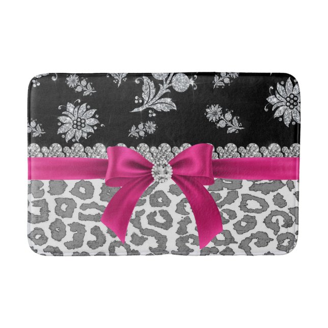 Glam D/Pink Bow-Grey Leopard-Silver Floral Sparkle Bath Mat (Front)